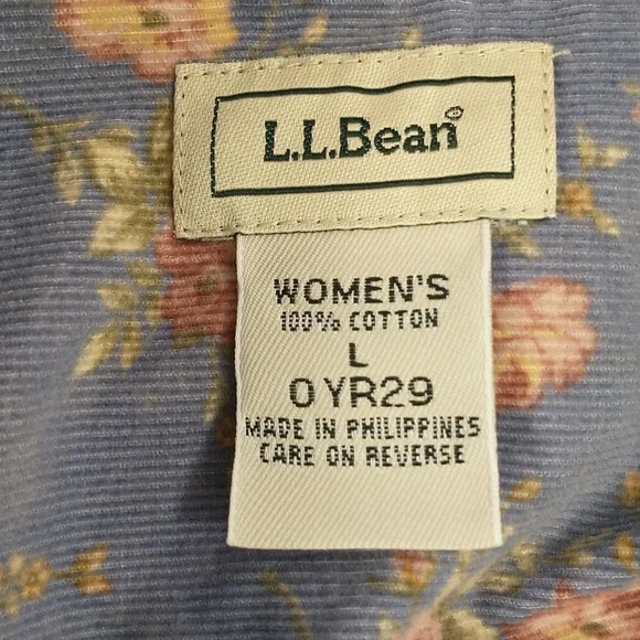Floral Corduroy Shirt 100% Cotton Fine Wale Periwinkle Blue LL Bean Pink Roses - Picture 5 of 10